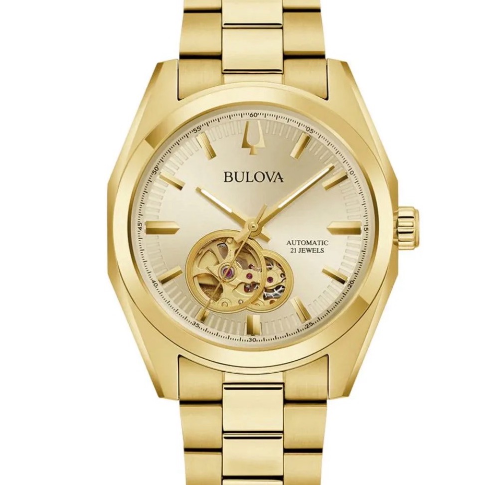 Bulova Surveyor Mens Automatic Gold Tone Skeleton Dial Watch